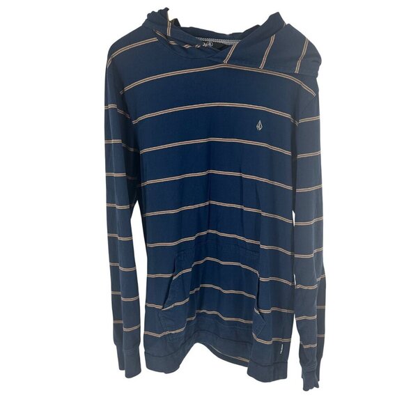 Volcom Mens Navy Striped Hooded Long Sleeve Shirt With Kangaroo Pocket Size L - Picture 2 of 6